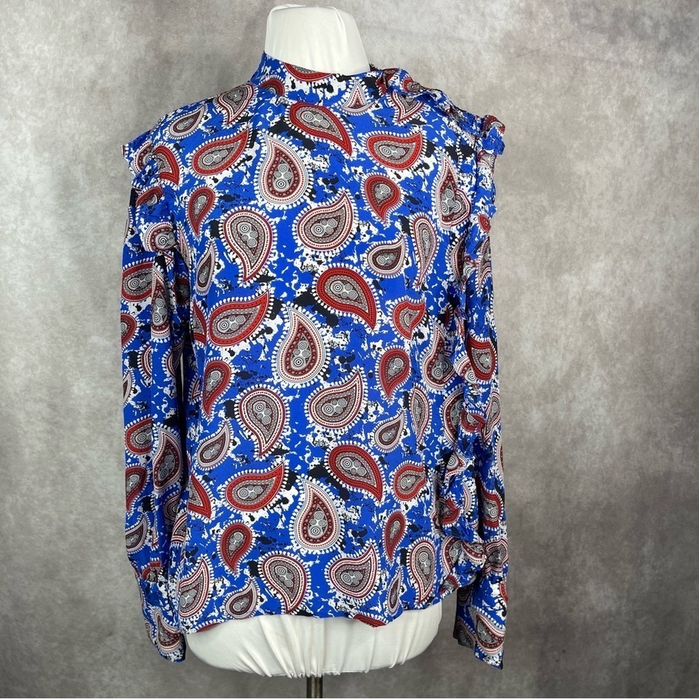 Dodo Bar Or Patti Silk Button‎ Snap Blouse In Blue Paisley Women's Size 46 US L